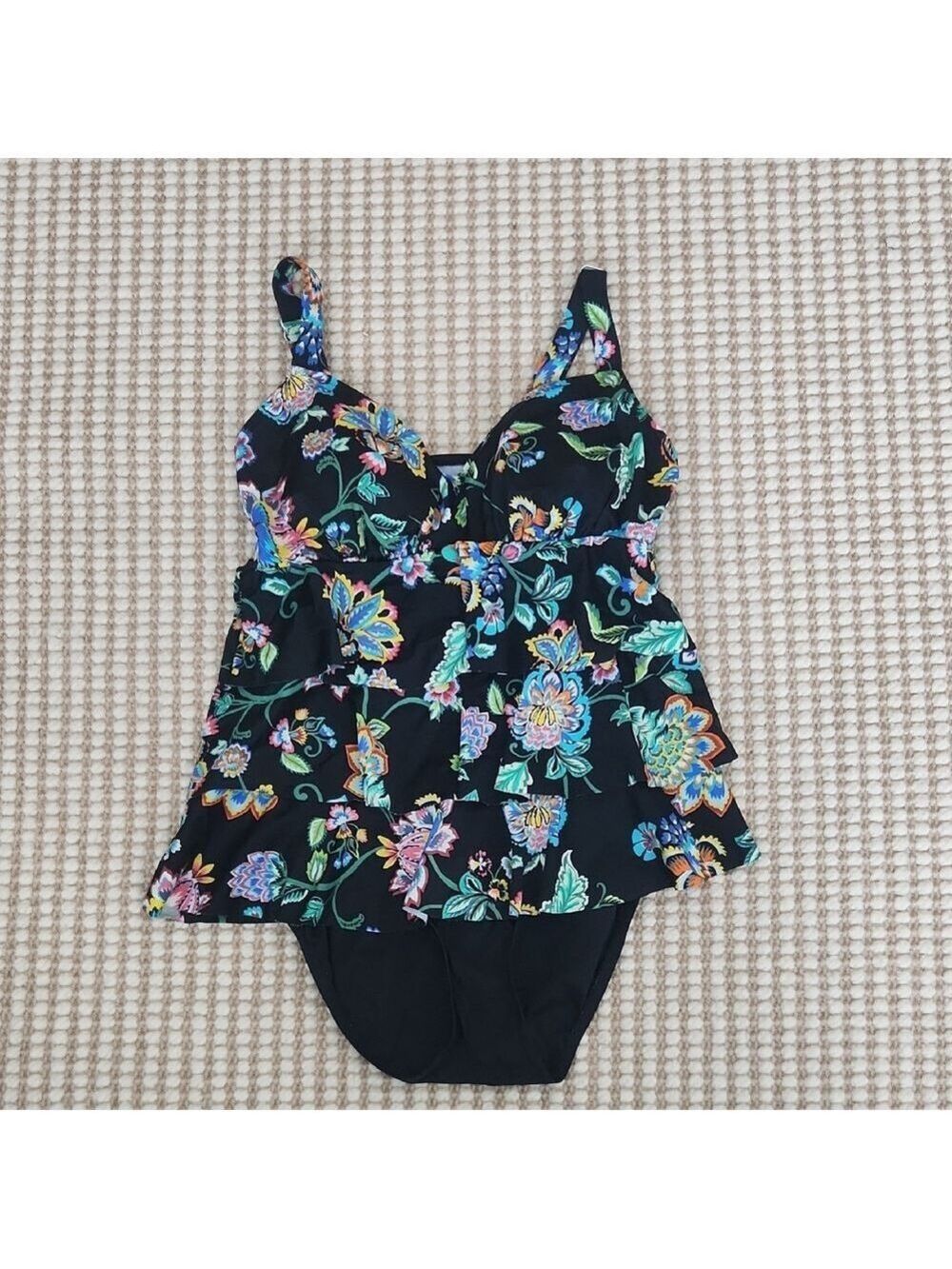 Croft & Barrow Black Floral One Piece Empire Waist Skirted Swimsuit